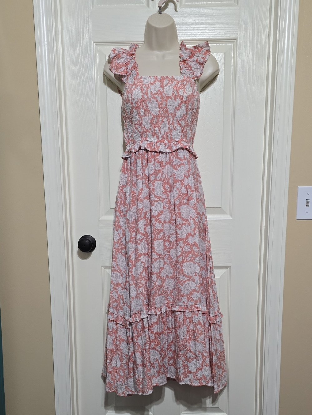 Smocked Ruffle Strap Maxi Dress in Coral